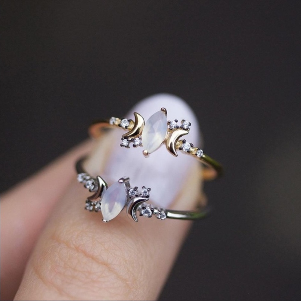 ✨Moon Ring✨Gold Opal Diamond Crescent Moon Ring
